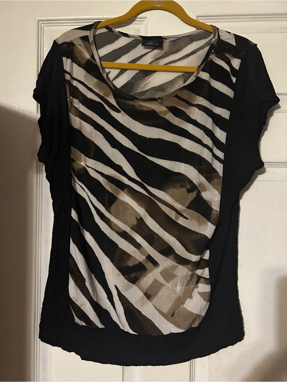 Studio Black Zebra-Print Short Sleeve Top with Brown Accents